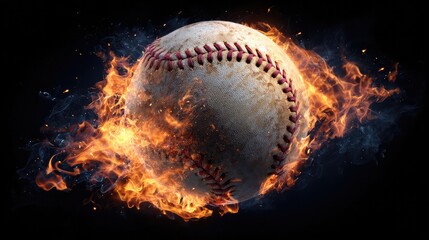 baseball. Baseball with dramatic fiery effect isolated on pure black background with intense flames. event key visuals, club posters, designed for sports event promotions and stadium branding.