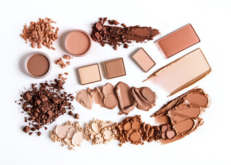 Horizontal composition of cosmetics swatches on white background. Top view of eyeshadow and foundation cream texture, brown natural skin colors. Professional studio light