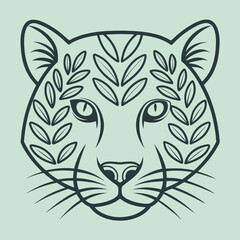 Fototapeta premium Stylized Leopard Face: An elegant illustration of a leopard's face, meticulously crafted with intricate leaf patterns, evokes a sense of both the wild and artistic design. 