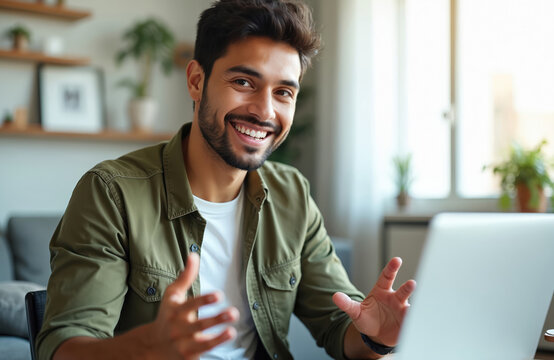 Young man talks during video call at home. He smiles at laptop camera, gesturing with hands. He works remotely, giving online training or presentation. - Powered by Adobe