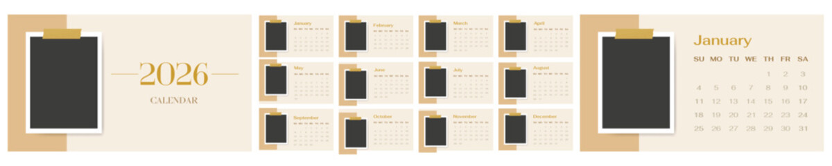 2026 calendar minimalist english Yearly Planner Template Photo Frames Beige Design