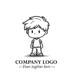 Black and White Chibi Boy Illustration with Jacket and Boots in Bold Thick Line Art Minimal Style