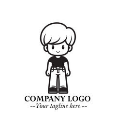 Black and White Chibi Boy Illustration with Jacket and Boots in Bold Thick Line Art Minimal Style