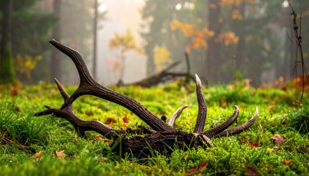 Deer Antlers Resting on Mossy Forest Floor Amidst Autumn Foliage and Soft Morning Light