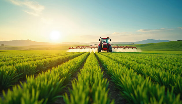 Agricultural machine sprays field with chemicals. Red tractor works on farm at sunset. Farming tractor drives through the field. Countryside landscape background under blue sky with sun.