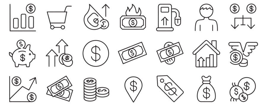 Navigate economic trends with this financial icons collection, ideal for visualizing investment gains, inflation impacts, and cost savings strategies