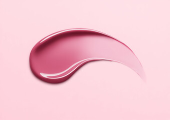 Lingonberry color lip gloss swatch on pastel background. Close-up of liquid lipstick, glossy cosmetics texture, horizontal flatlay. Professional studio photo