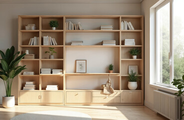 Fototapeta premium Light wood modular bookshelf with books plants and decor. Minimalist interior design with natural light streaming through window. Tidy organized living space.