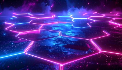 Glowing hexagon tiles form futuristic platform above a textured blue surface, lit by pink/blue neon and starry effects