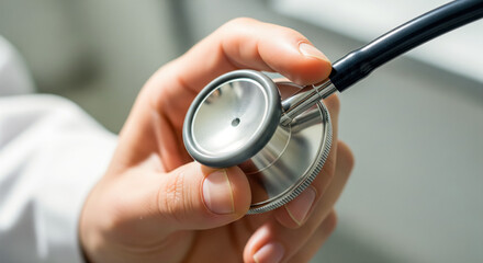Close up doctor hand lifting stethoscope diaphragm toward camera clinical white coat bright hospital light professional trust diagnosis healthcare copy space