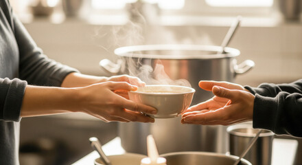 Close up volunteer hands giving warm food bowl to needy person in charity kitchen community support human kindness social care helping hands humanitarian aid soup distribution service soft light 