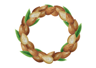 Watercolor round frame with almond nuts. For your design