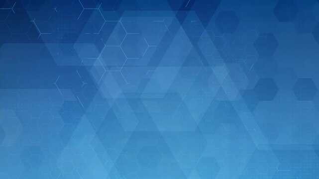 abstract technology loopable background in shades of blue featuring overlapping translucent hexagons and a faint data network pattern