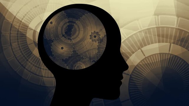 human head silhouette, artificial intellgence with complex golden mechanical gears and cogs turning inside the brain area, thinking machine with clockwork parts, loopable ai conceptual animation