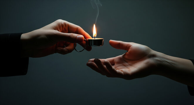 Close up hands passing lit candle gentle warm glow symbol of peace hope unity support spirituality compassion dark background soft edge light copy space