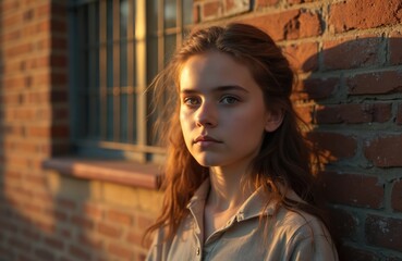 Fototapeta premium Pensive teenage girl stands near brick wall in warm evening sunlight. Young woman has thoughtful, serious face. Calm female student portrait with introspective mood, looking at camera outdoors.