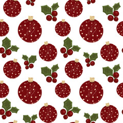 Colorful holiday ornaments and holly leaves pattern decor