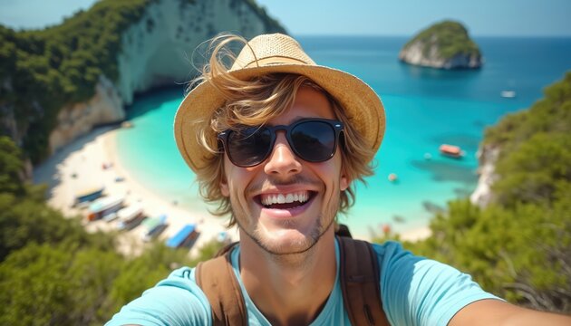 Blond man in sunglasses smiles takes selfie photo on tropical beach. Young person traveler blogger vlogger shoots video. Male tourist enjoys summer vacation on paradise island