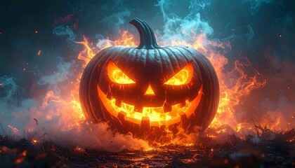 Glowing Jack-o'-lantern emits fiery aura amidst smoky chaos, casting an ominous light