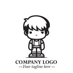 Black and White Chibi Boy Illustration with Jacket and Boots in Bold Thick Line Art Minimal Style