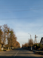 An empty street with power lines and trees on both sides of it