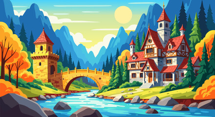 Charming Village Landscape with a River and Stone Bridge