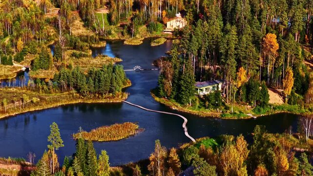 Aerial of lake surrounded by autumn forest and vibrant reflections in water, community complex
