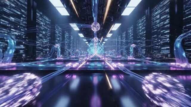 Abstract futuristic digital cityscape with glowing lines and neon lights - Powered by Adobe