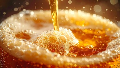 Golden liquid is poured into a glass, creating a bubbly, frothy texture with bokeh lights scattered around