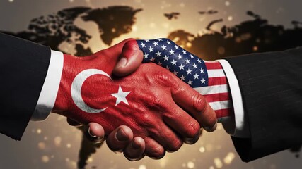 Turkish and US Flags on Handshake Symbolic Representation of International Agreements