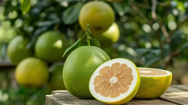 Pomelo fruit segments in wooden bowl with whole pomelo and leaves on gray background, tropical citrus fruit for healthy diet, vitamin C source, freshness, and organic natural nutrition,Ai video,video