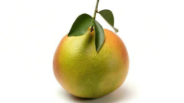 Ripe pomelo fruit with orange and green skin tones and green leaves isolated on white background, tropical citrus fruit concept symbolizing freshness, organic nutrition, and vitamin C health,Ai video,