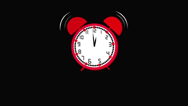 Digital animation of red alarm clock with white face ringing smoothly showing time alert motion scene. Red Alarm Clock Ringing with White Face and Black Background .
