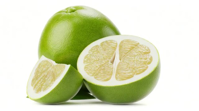 Whole and sliced green pomelo fruit with juicy segments and leaves isolated on white background, healthy tropical citrus rich in vitamin C, organic nutrition and freshness for wellbeing,Ai video,video