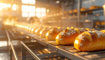 Golden loaves advance down a metallic conveyor, bathed in warm sunlight. A blur of distant loaves behind