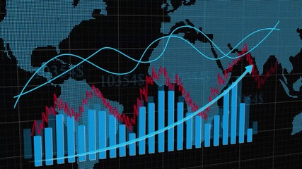 Global Financial Market Data Visualization with Blue Bar Graph and World Map finance business animation. Animated futuristic finance visualization with blue bar graph and world map displaying global . - Powered by Adobe