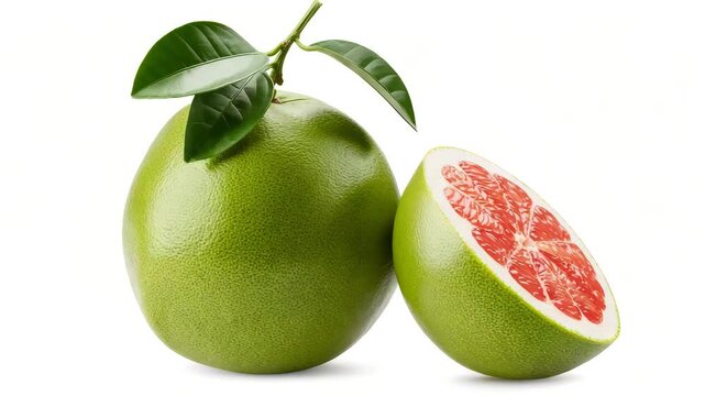 Fresh pomelo fruit with red juicy flesh and green leaves isolated on white background, tropical citrus fruit concept, rich in vitamin C, healthy organic food and refreshing natural nutrition