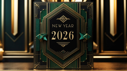 New Year 2026 Art Deco Design in Gold and Emerald Green