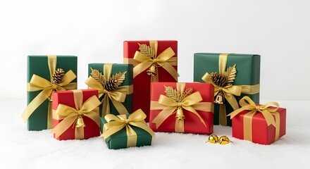 Fototapeta premium Festive Christmas presents wrapped in red and green paper with gold ribbons and decorations.