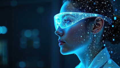 Female wears smart glasses in dark tech lab. Studies data, code, artificial intelligence concepts. Digital elements float around face, showing innovation, virtual reality, cyber security, global tech
