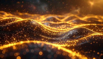 Golden luminous flowing waves over a dark surface, bokeh effects, and a hazy, distant background
