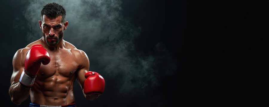 Strong muscular boxer wears red gloves, posing on dark background. Athlete stands in boxing pose ready to fight. Tough sportsman with fit body preparing for challenge in sport arena.