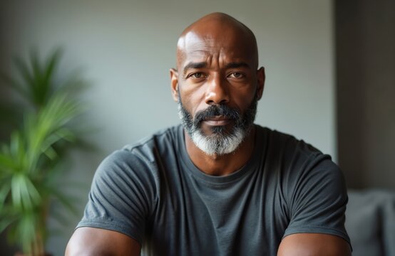 Mature African American man with beard looks intently at camera. Expression serious, pensive, conveying sense of deep thought, concern. Headshot captures distinguished gentleman with grey tinged