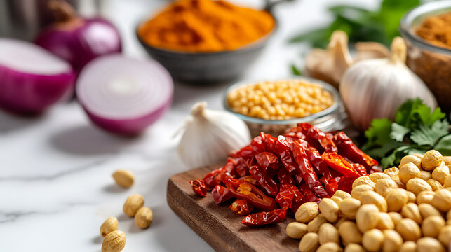 Vibrant spices and fresh ingredients are artfully arranged on a textured surface, promising a culinary adventure filled with rich flavors and aromas of global cuisine.