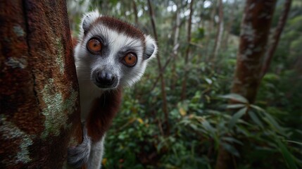 Curious lemur on mossy tree branch in misty rainforest