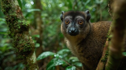 Curious lemur on mossy tree branch in misty rainforest