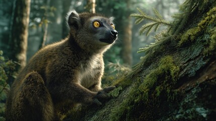 Curious lemur on mossy tree branch in misty rainforest