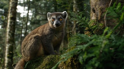 Curious lemur on mossy tree branch in misty rainforest