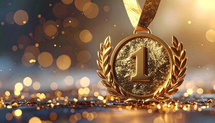 Golden number '1' medal with laurel wreath on a ribbon with sparkly bokeh background