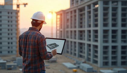 Architect in construction site uses digital tablet. Person is wearing safety helmet, plaid shirt. Modern building on background shows construction process. Evening sun lights scene with bright glow.